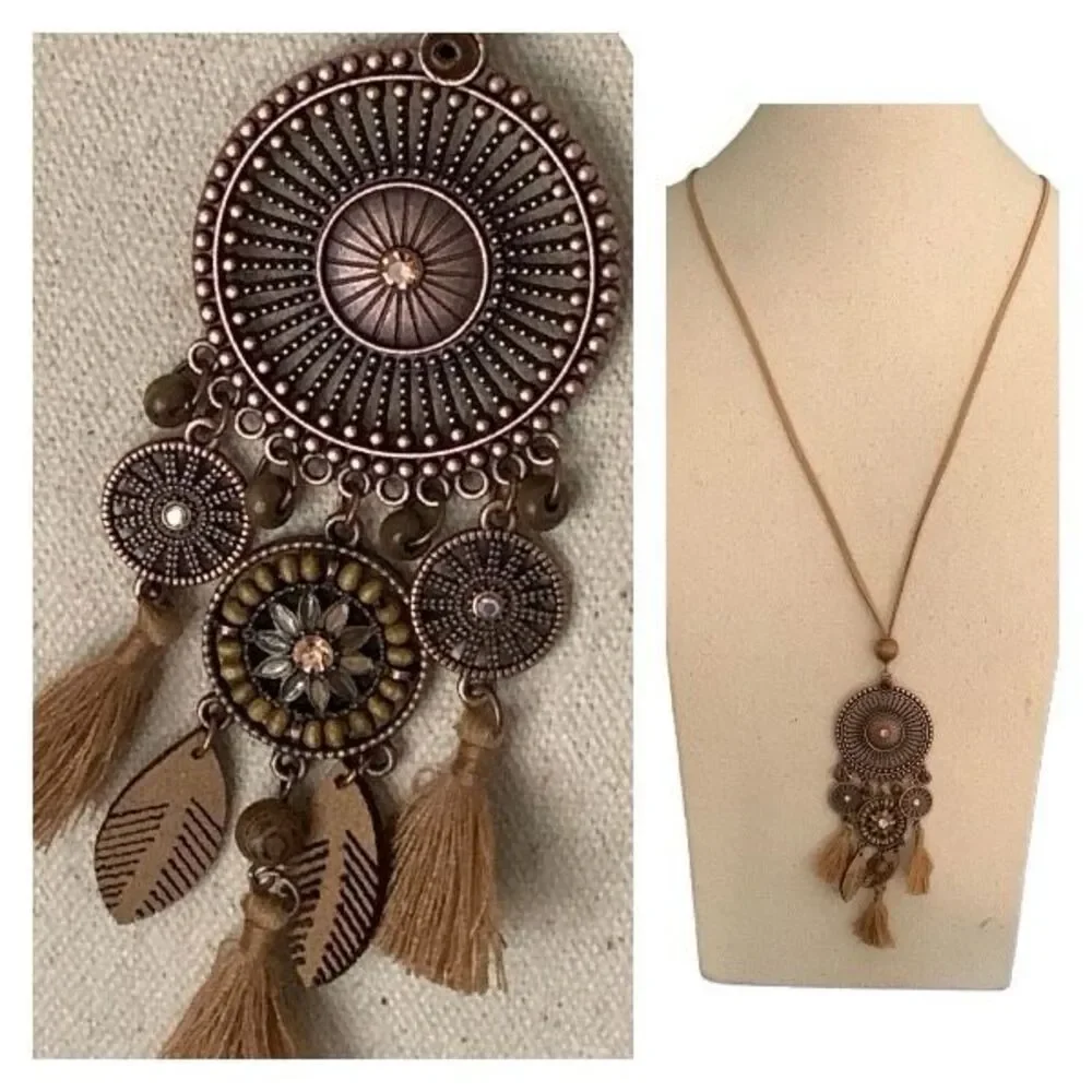 Men’s Boho Medallion Pendant Necklace – Bronze Tone with Faux Suede Cord